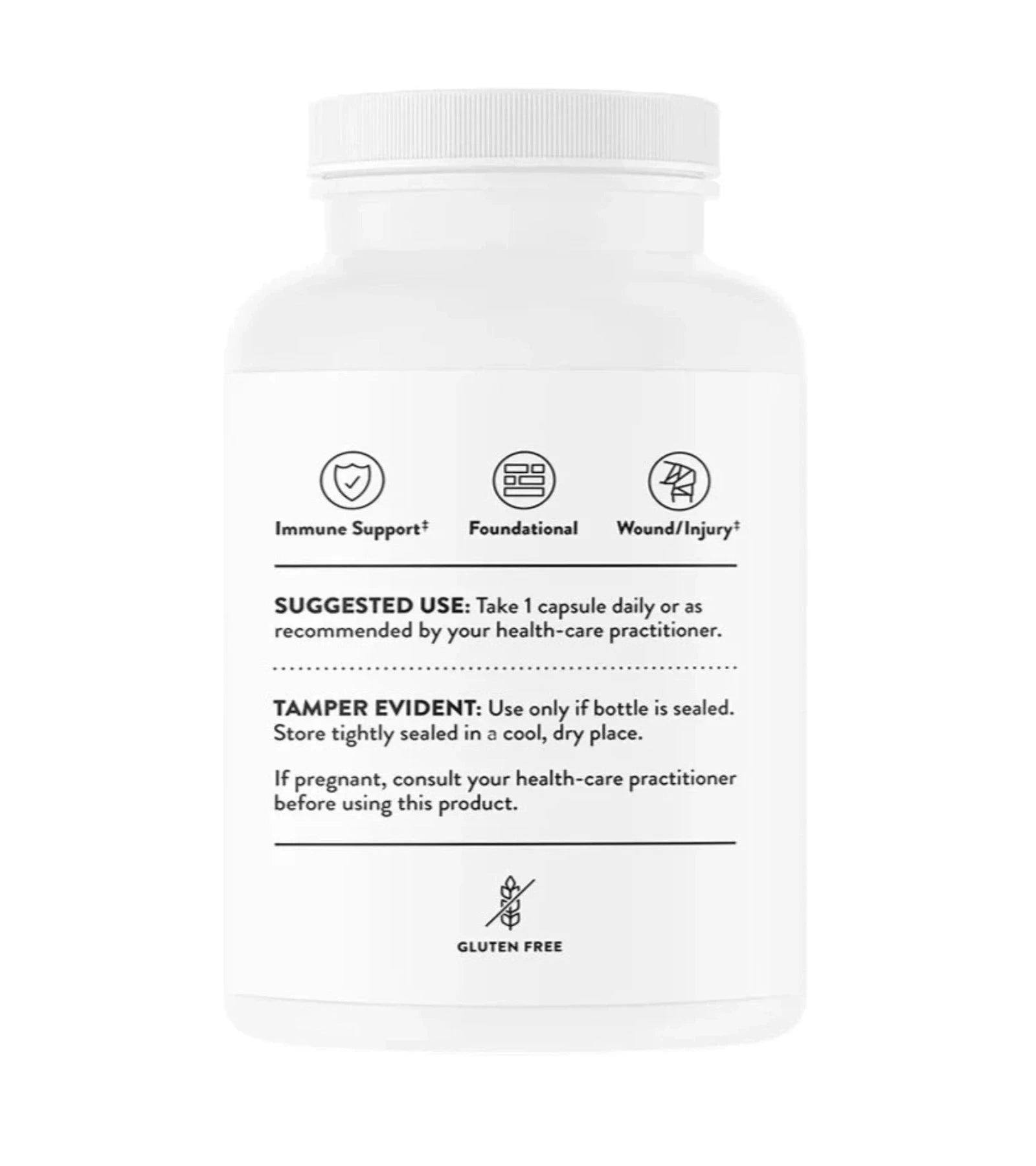 Back of Thorne Vitamin-C Ascorbic Acid Supplement Bottle